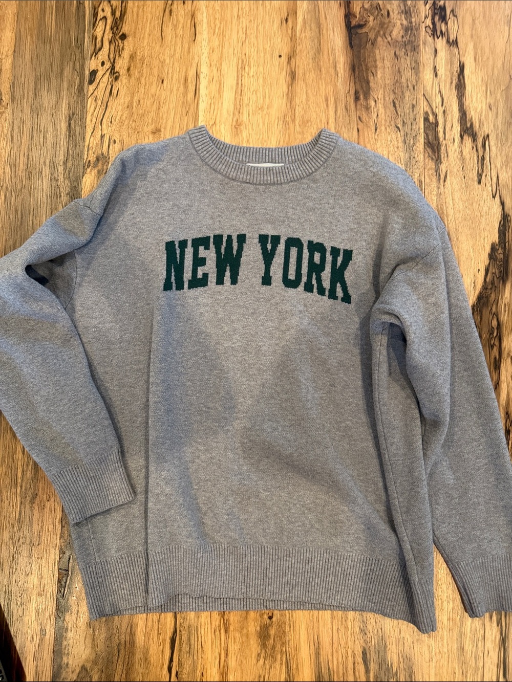 Women's Gray Crewneck Sweater with Green "New York" Lettering